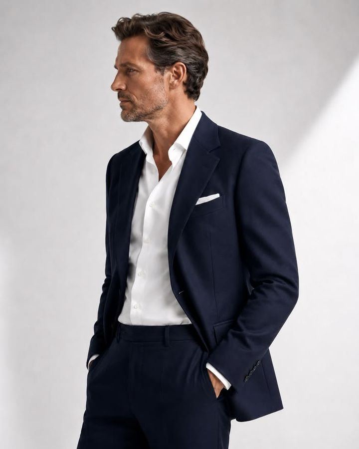 A well-cared-for tailored navy blazer
